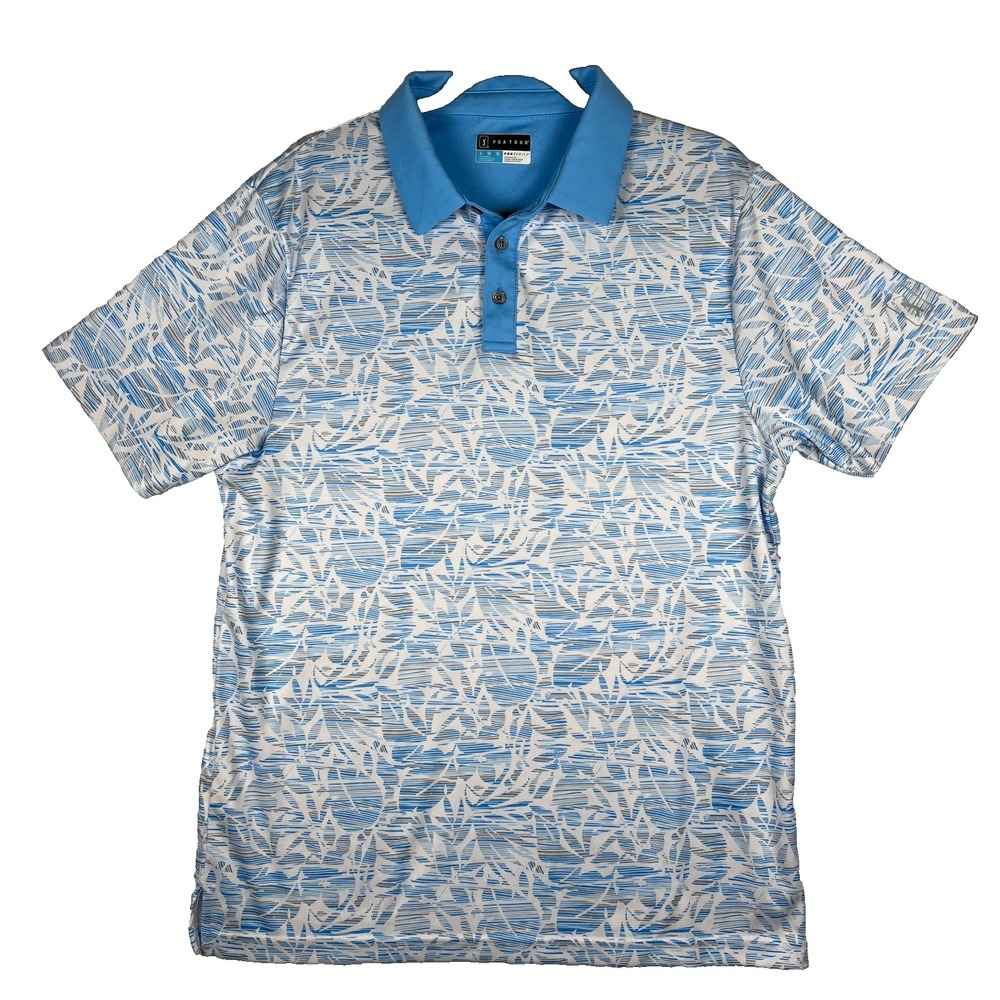 PGA TOUR Proseries Athletic Fit Golf Polo Mens Size‎ L Blue Cream Floral Collar